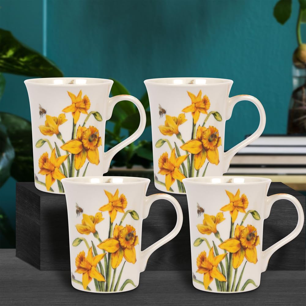 Lesser & Pavey Daffodil Bee-Tanical Set Of 4 Ceramic Mugs - S, Poppy Or Thistles Floral Design (Daffodil)