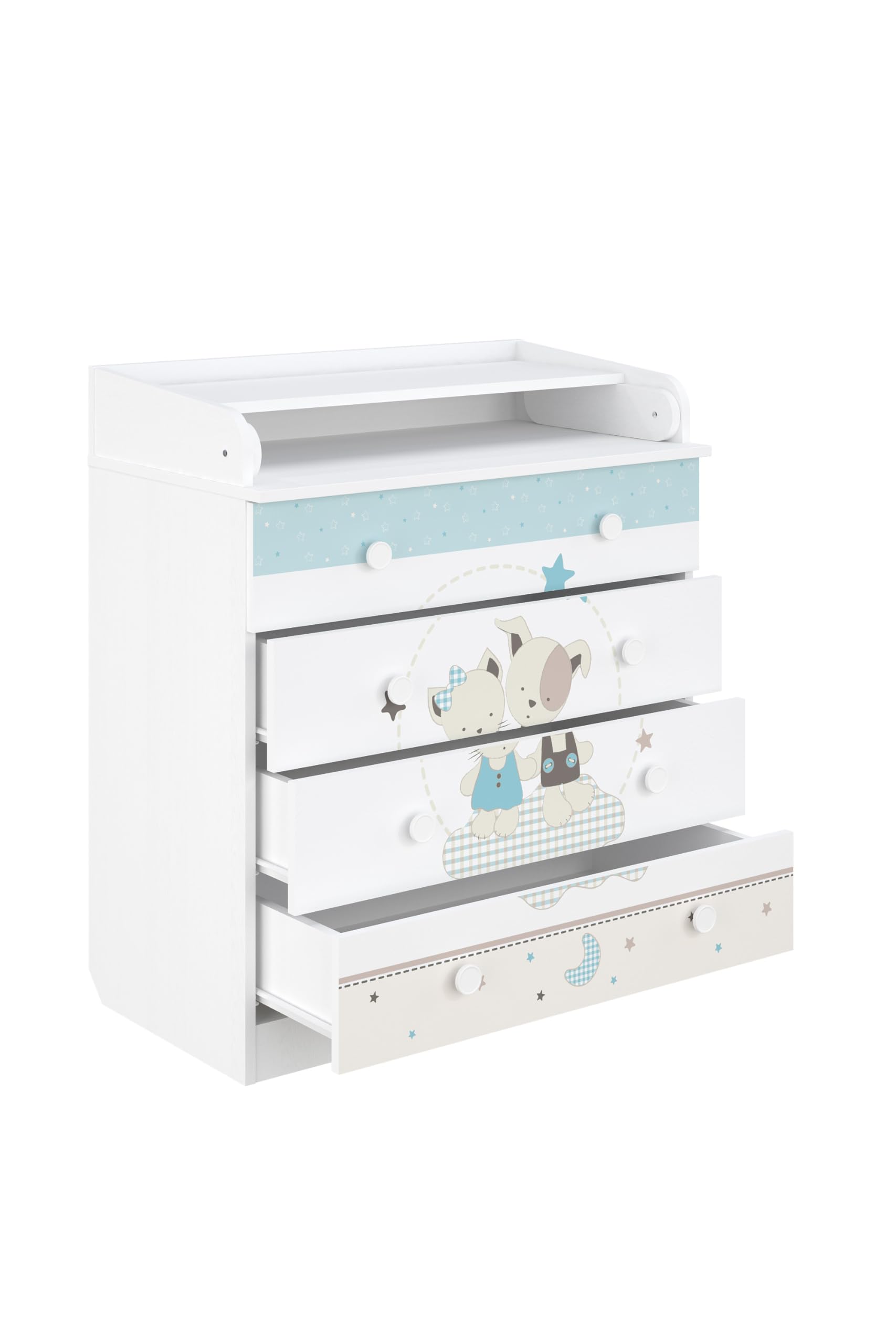 Shefa Kids Cómoda Cambiador Bebé con 4 Cajones y Superficie Plegable, Mueble Cambiador Infantil de Madera Aglomerada, Blanco, 80x48x92 cm
