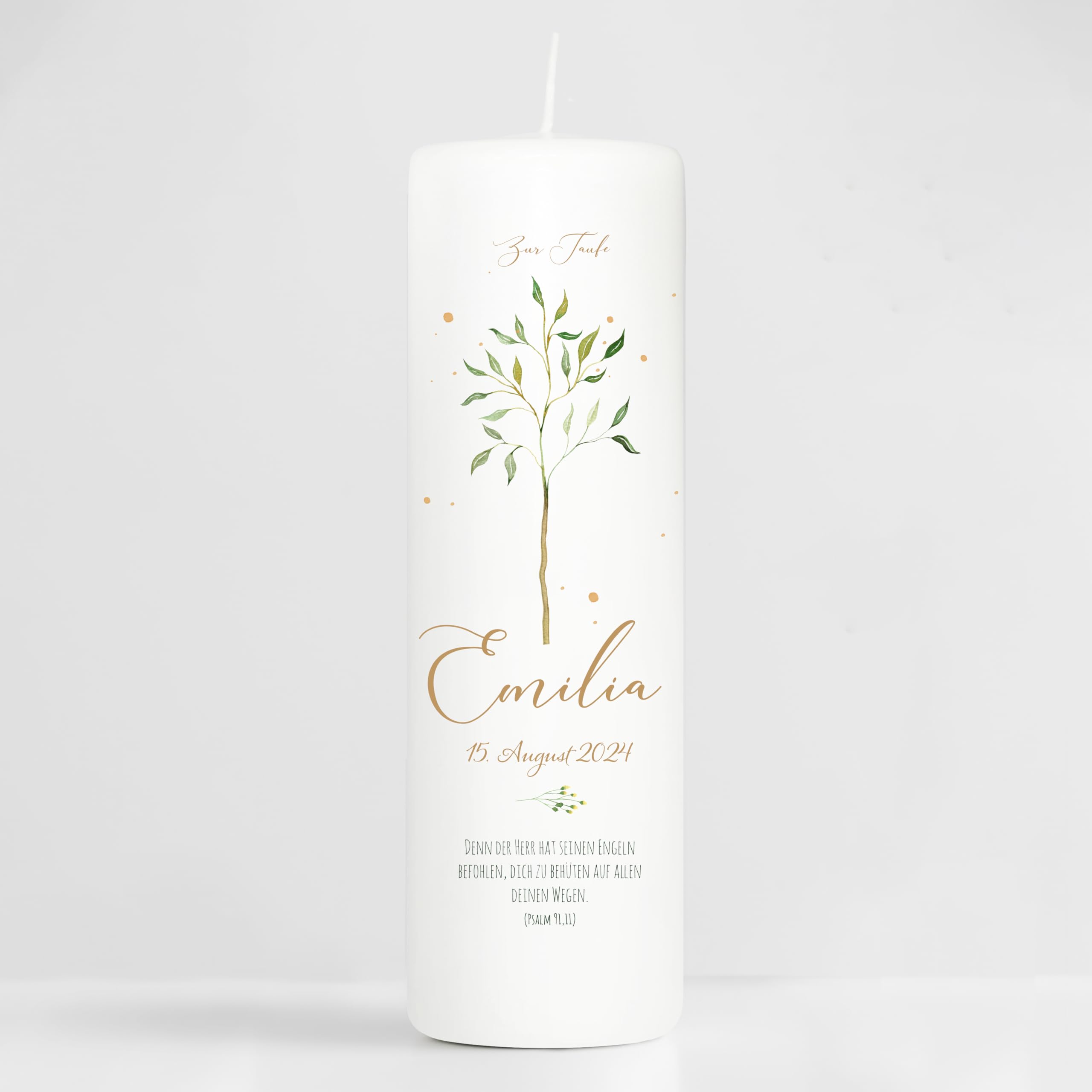 Wandtattoo Loft Taufkerze Mädchen oder Junge mit Taufspruch, Motiv mit jungen Lebensbaum, 25cm x 8cm, personalisierte Kerze, bedruckte Kerze Taufe, Stumpenkerze zur Taufe, individuelles Taufgeschenk