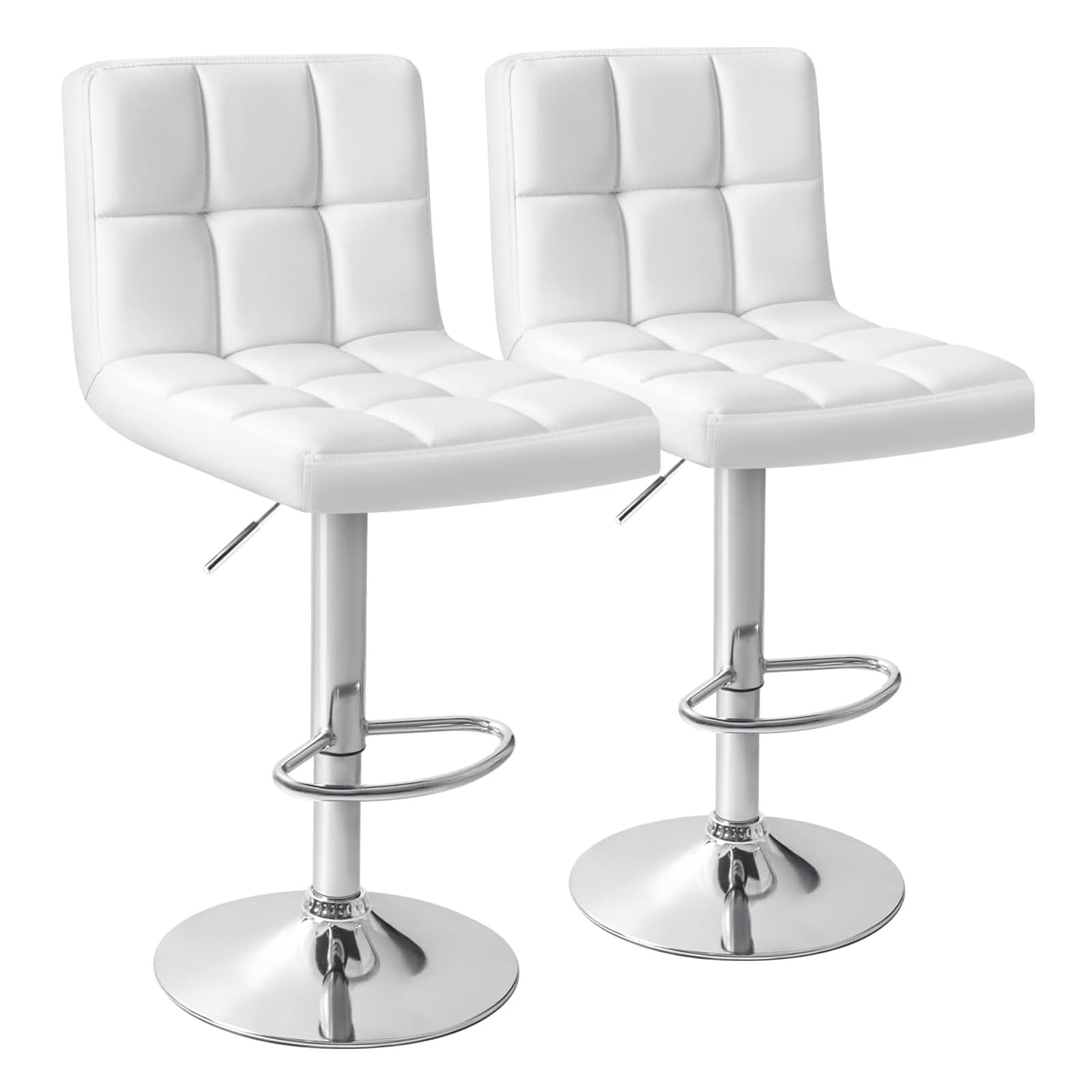 SBF Bar Stools Modern PU Leather Height Adjustable Bar Stools with Back and Footrest, Counter Height Swivel Bar Stool for Kitchen and Dining, Chrome Base Hydrolic Barstools, Set of 2 (White)