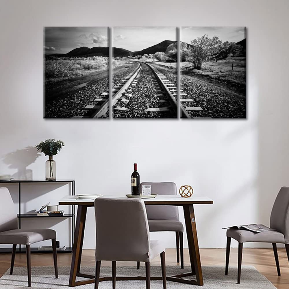 3 Pieces Framed Wall Art Railway Train Track Canvas Painting Black and White Posters and Prints Nature Scenery Wall Pictures Modern Artwork for Walls Waterproof Canvas Art, 48