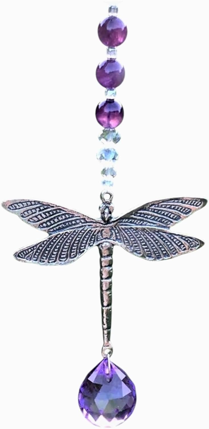Rear View Mirror Tie Dye Car Charm,Glass Crystal Bead Hanging Ornament,Dragonfly Charm,Hanging Purple Ball Prism,Car Rear View Mirror Accessory, Crystal Window Decor