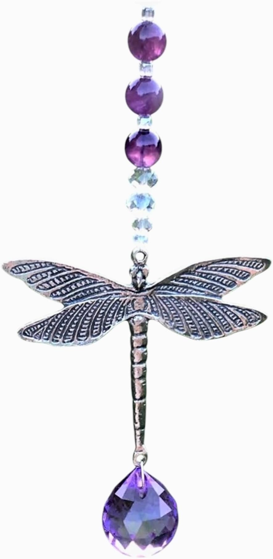 Rear View Mirror Amethyst Gemstone Charm,Glass Crystal Bead Hanging Ornament,Dragonfly Charm,Hanging Purple Ball Prism,Car Rear View Mirror Accessory, Crystal Window Decor