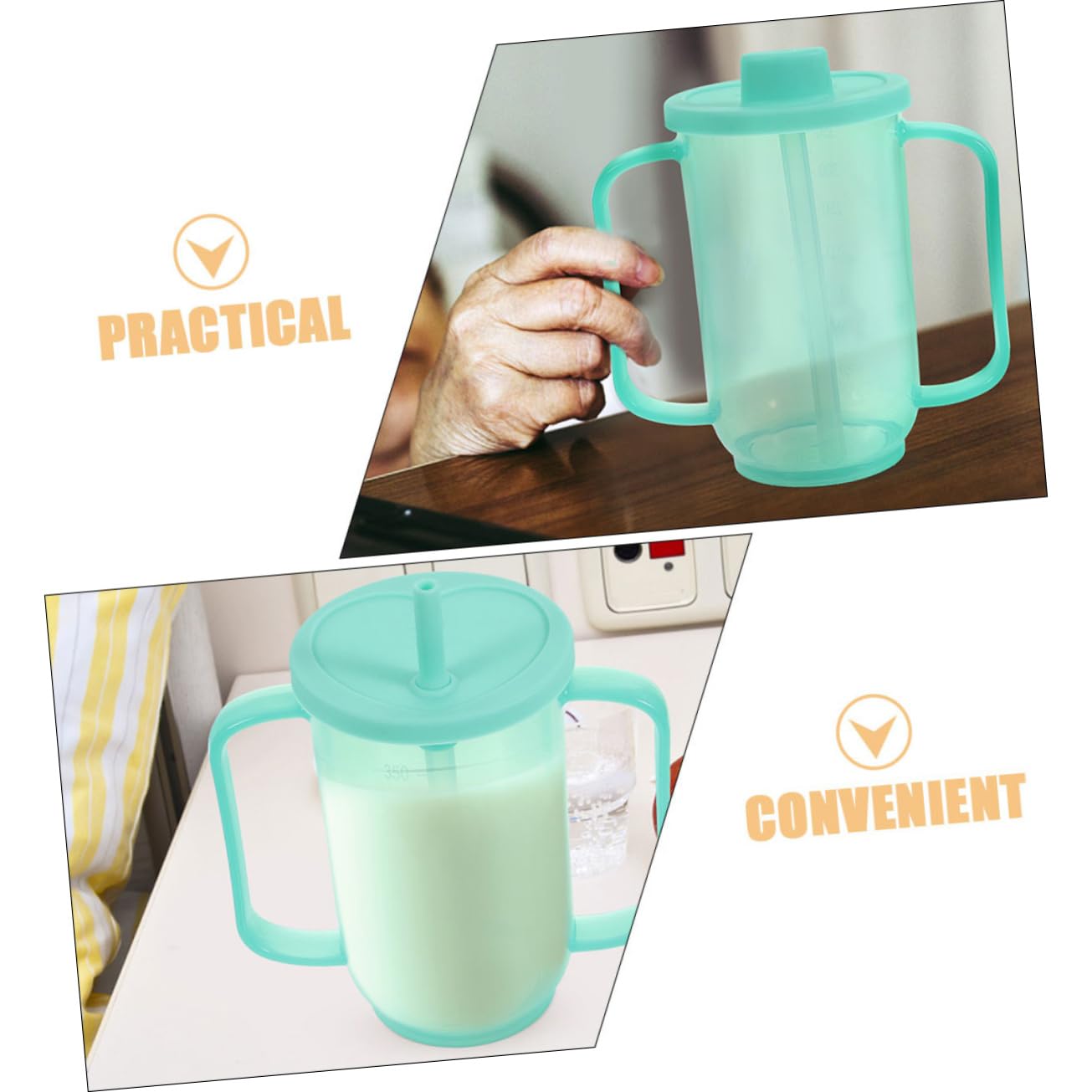 FRCOLOR Set 2 Tazze per Anziani 350ml, Design Ergonomico, Bicchieri Antigoccia e Versatili per Assistenza Anziani e Pazienti Letto