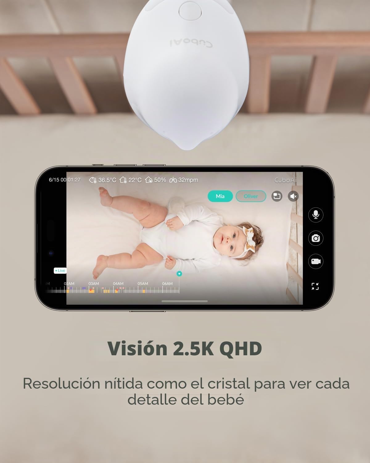 CüboAi CuboAi Smart Baby Monitor 3 with Floor Stand, 2.5K QHD Night Vision WiFi Camera, 2-Way Audio, Temperature & Humidity Sensor, Lullabies, Sleep Safety Alerts for Covered Face, App Control