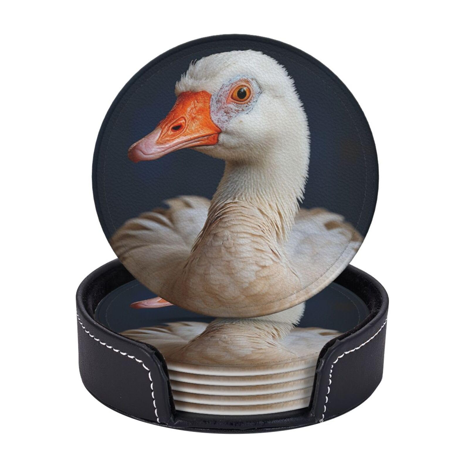 Coasters Set of 6 Leather Drink Coasters with Holder White Duck Coasters for Drinks Heat Resistant Coaster Round Coffee Cup Mat Pad for Kitchen Office Home Decor