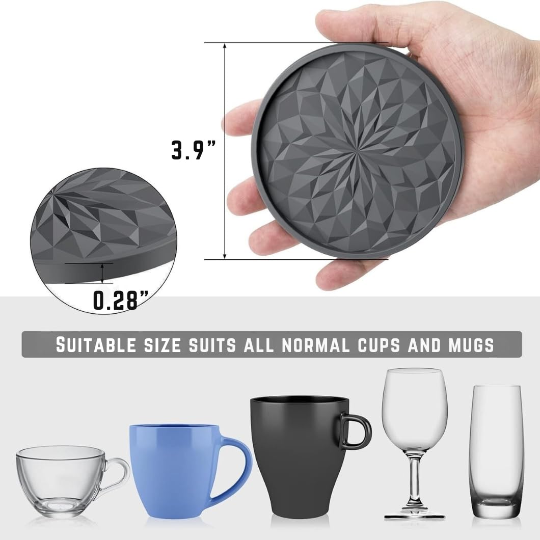 Sottobicchieri in Silicone con Supporto, Set da 6 Pezzi in Grigio, Antiscivolo e Resistenti al Calore, Lavabili in Lavastoviglie – Per Bevande, Caffè, Tazze, Cucina, Bar e Soggiorno, Protezione Tavolo