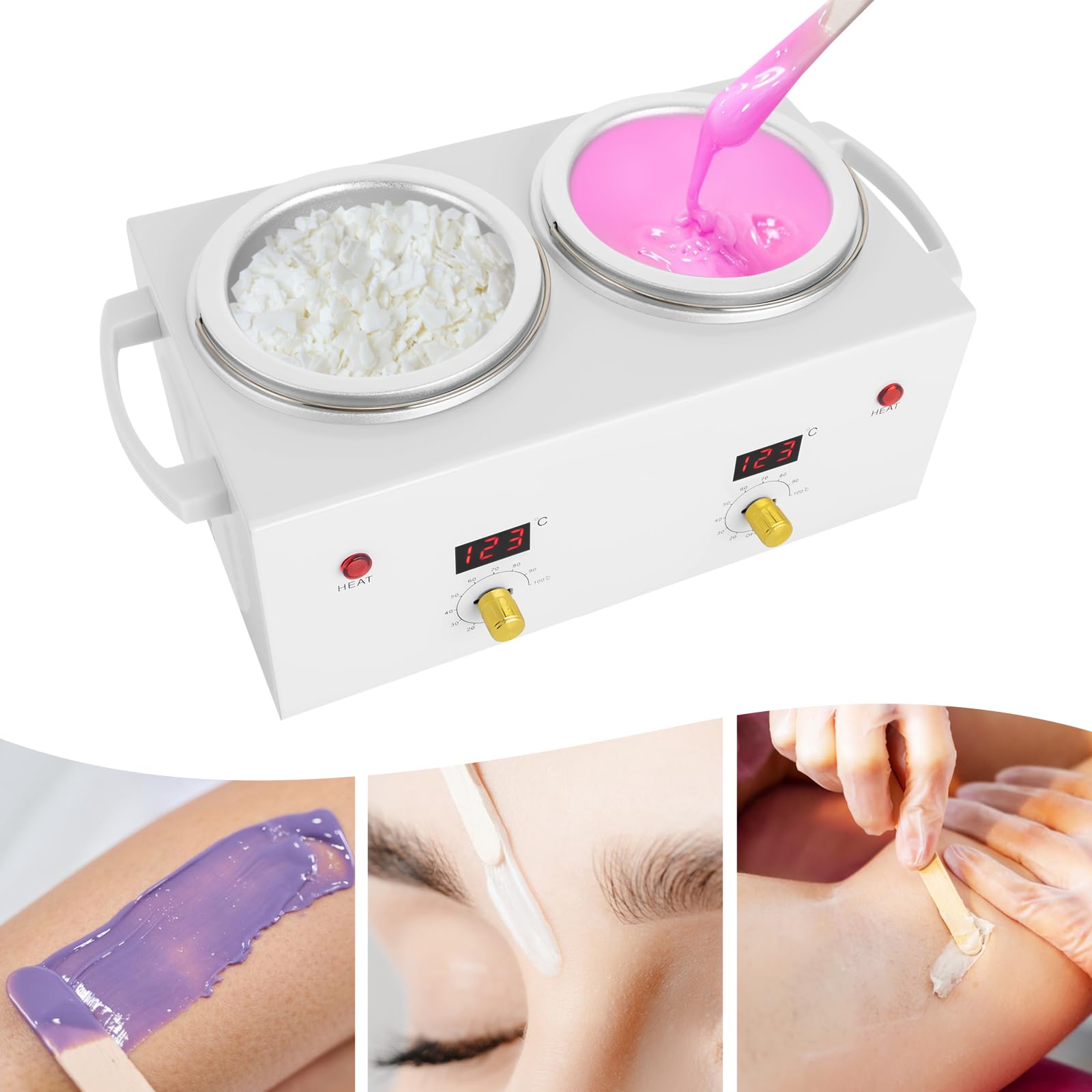 Doppeltopf Wachswärmer Waxing Set, Professionelles Waxing Maschine für die Haarentfernung zu Hause 240V Wachserhitzer, Präzise Temperaturregelung (20-120℃), 0.16 Gallonen/Topf, Weiß