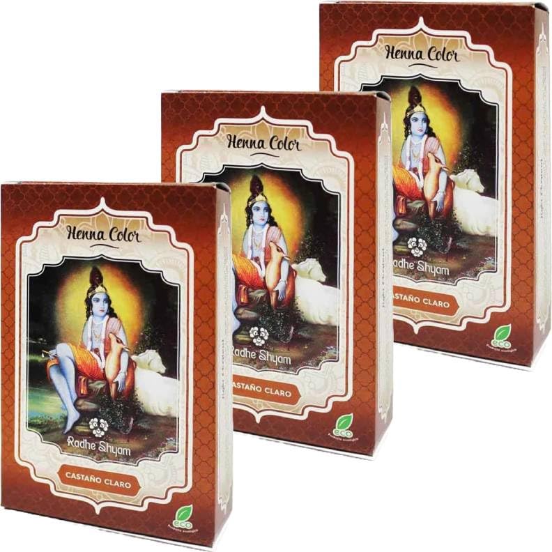 Pack 3x Henna Castaño Claro en Polvo 100g | Rhade Shyam | Coloración Capilar Vegetal | 100% Natural y Vegana | Sin Amoniaco ni PPD