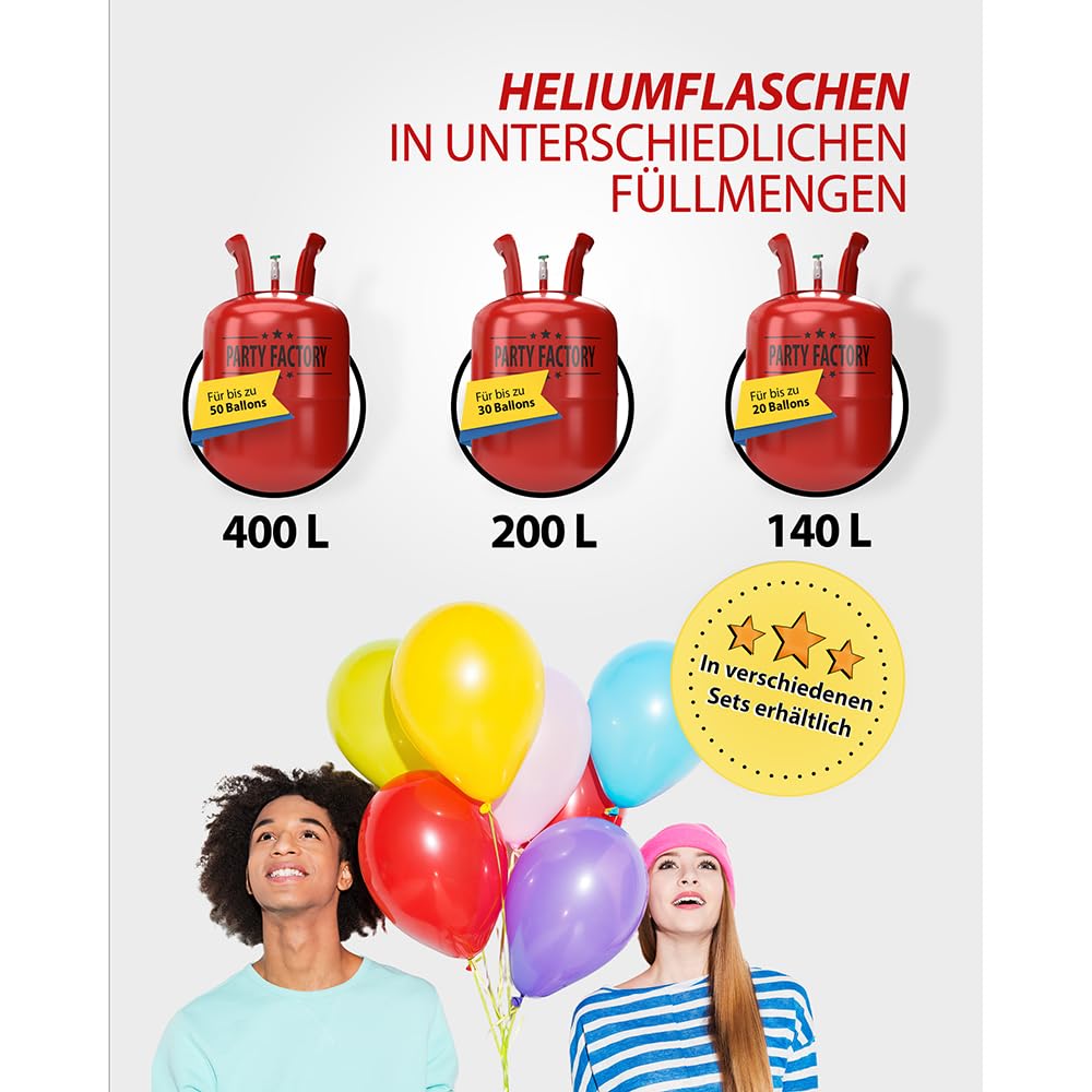 Party Factory Helium Gasflasche 400L für 50 Luftballons Ballongas Flasche Latex Folienballons Einwegflaschen Knick-Füllventil