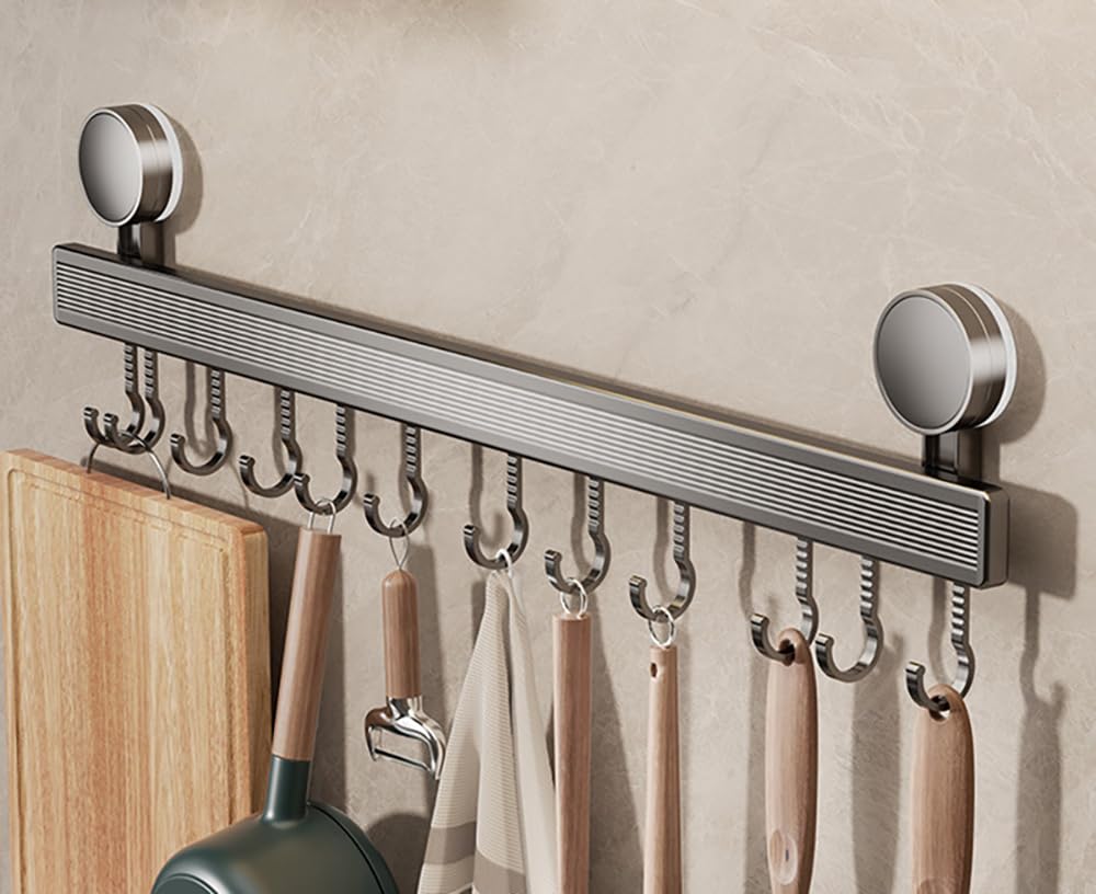 LNGFSH Barra de Cocina para Colgar Ventosa Utensilios de Cocina Barra Herramientas Aluminio Barra para Colgar Colgador de Utensilios Sin Taladrar Gris (con 12 Gancho)