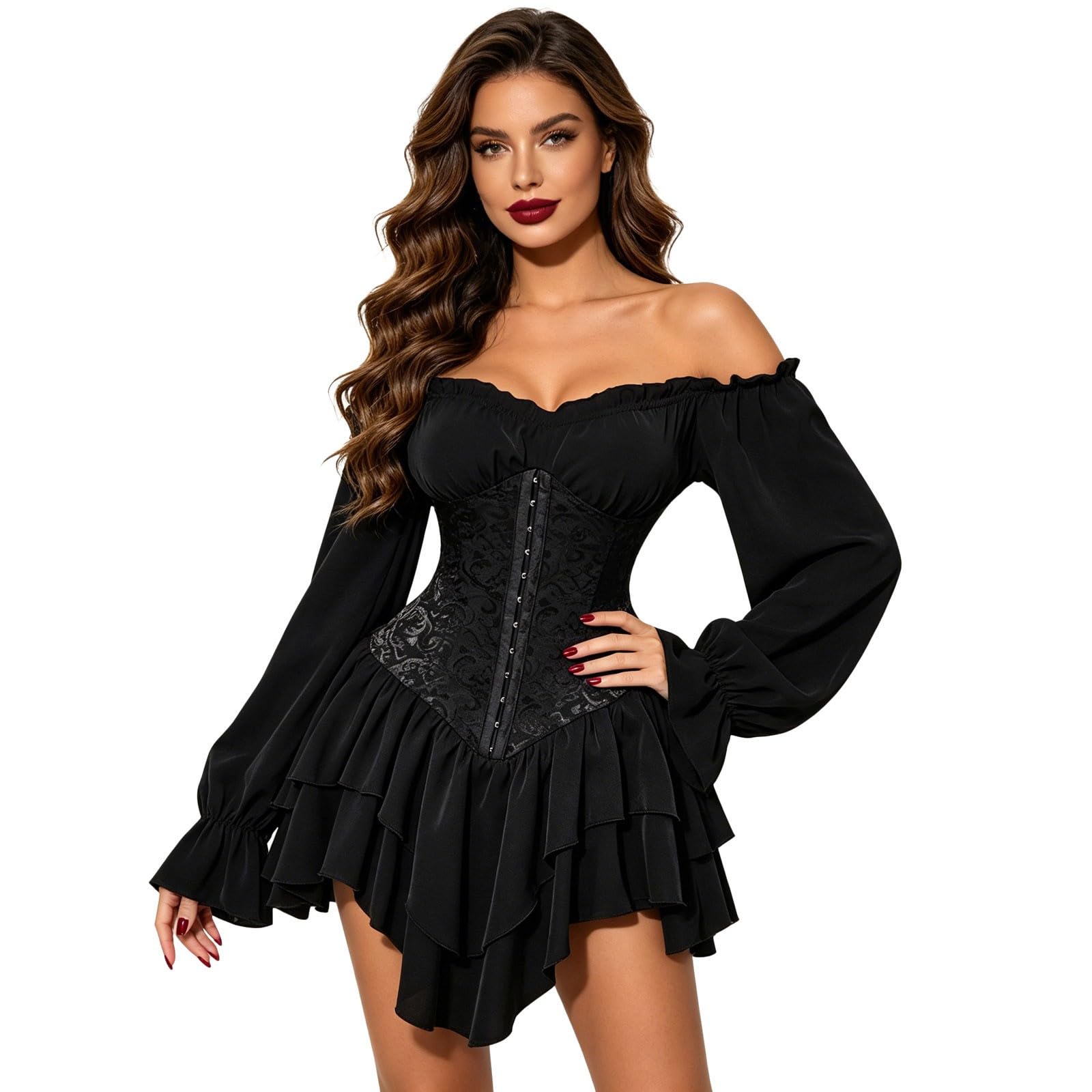 Robe de pirate pour femme - Robe à volants - Épaules dénudées - Mini jupe à volants - Costume de pirate Renaissance - Corset - Robe de fée - Robe d'été à épaules dénudées - Robe patineuse