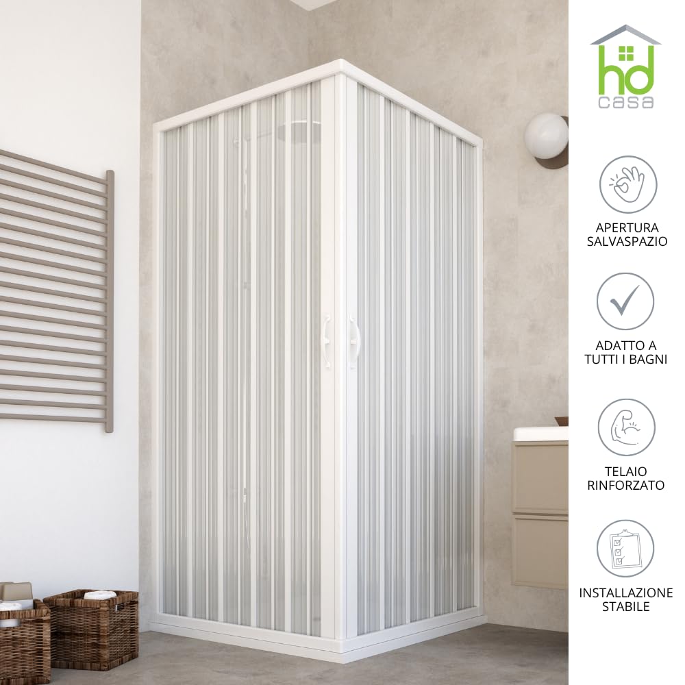 HDcasa Box Doccia Angolare a Soffietto in PVC Modello Paola, Doppia Anta Reversibile Riducibile, Apertura Laterale con Profili Bianchi, Cabina Doccia Salvaspazio Made in Italy, bianco 70x100 x185h cm
