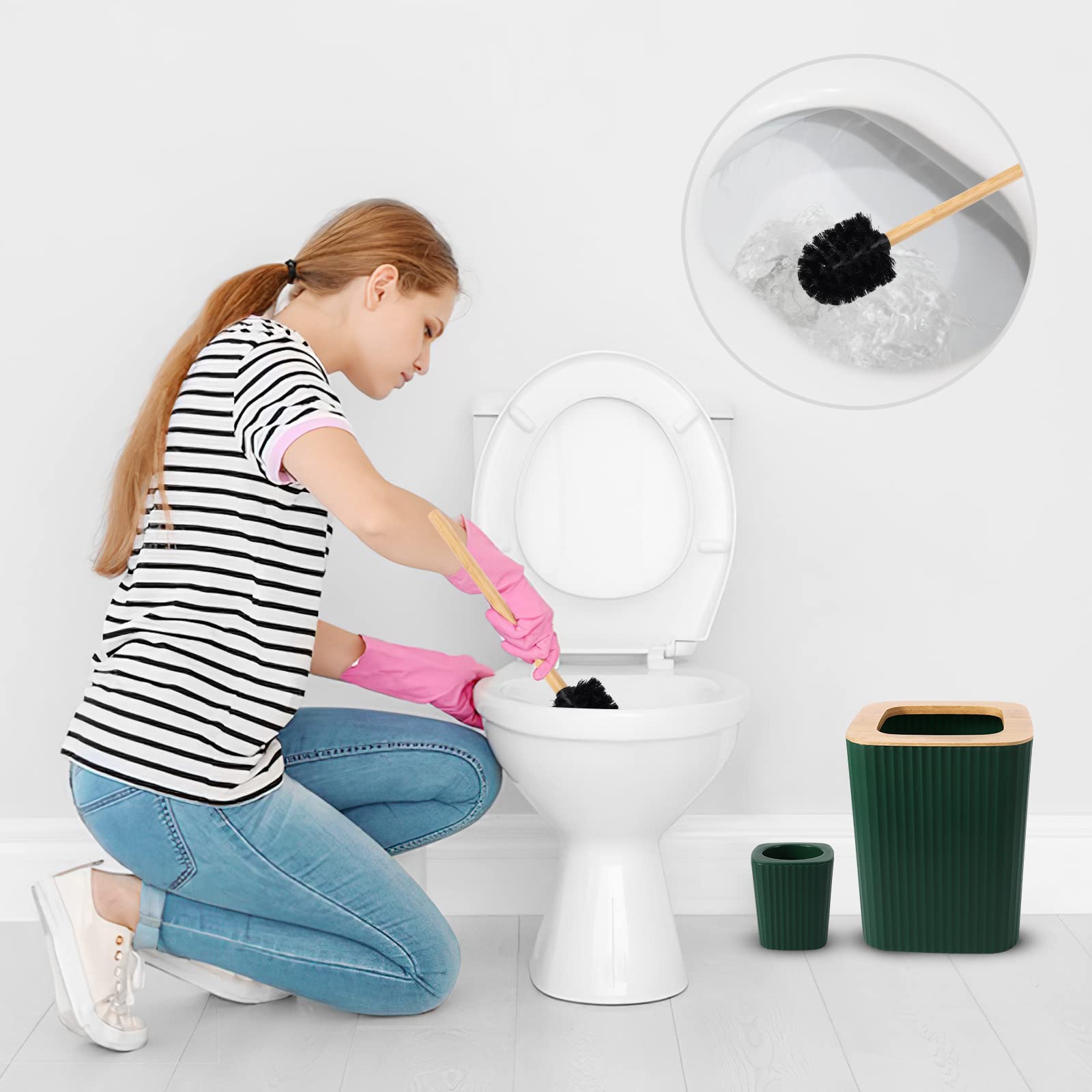 XLHOMO Set di accessori da bagno verde scuro, 9 pezzi verde con cestino, vassoio, dispenser di sapone, portaspazzolino, portaspazzolino, portasapone, scopino per WC e porta Q-tip