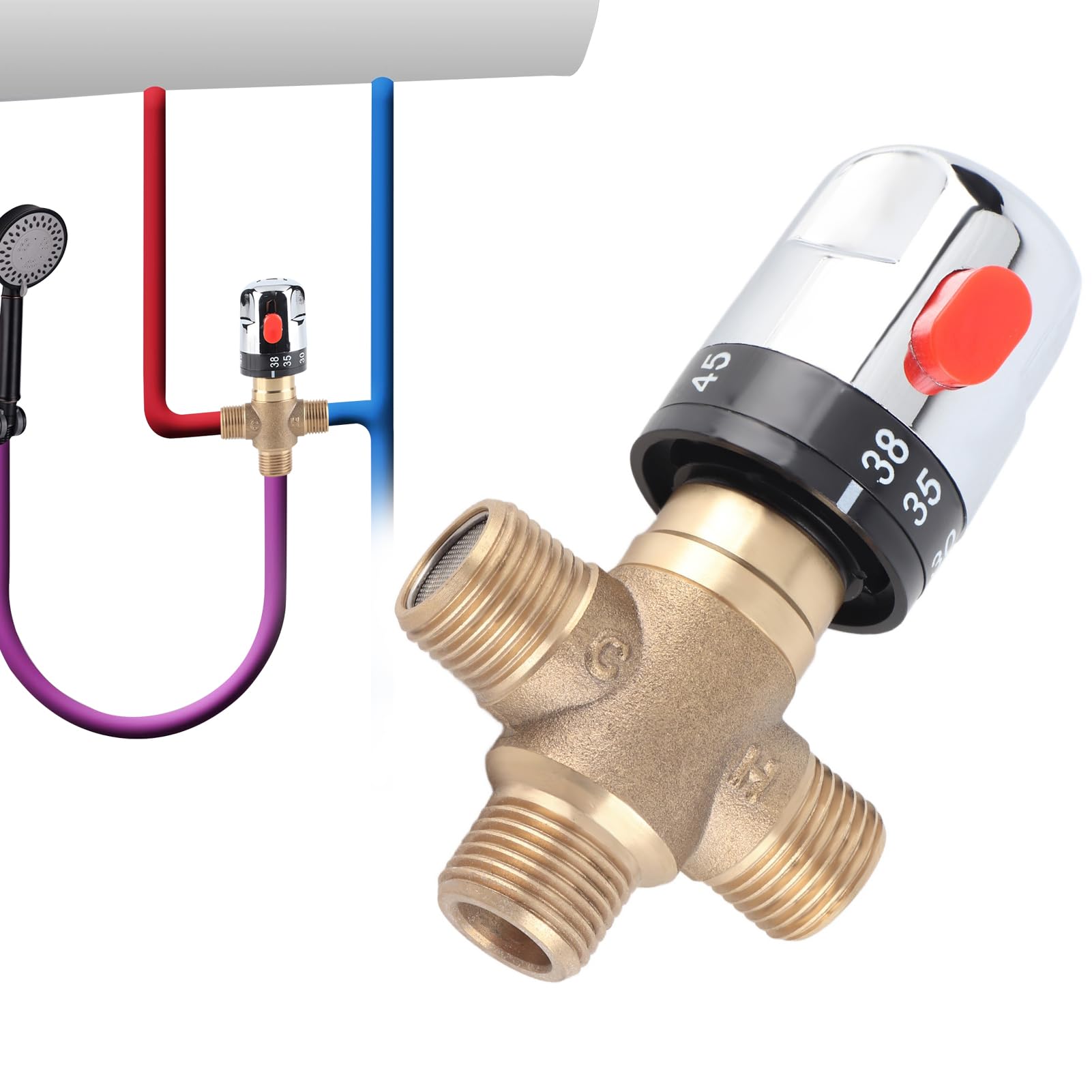 Thermostat Mischventil, 3 Wege Solid Messing Thermostatmischer, G1/2 Thermostatisches Mischventil 11,67 L/Min Durchfluss für Duschsystem Badezimmer Rohr Becken Warmwasser