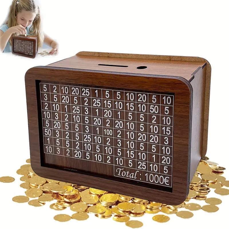 Image of CYNVEXA Wooden Money Saving Box, 1,00,000 Rupees Savings Challenge Chart, Coin Collection Bank with Cash Slot,Wooden Money /Piggy Bank,Money Box, Coin Box with Carved Design for Kids /Children