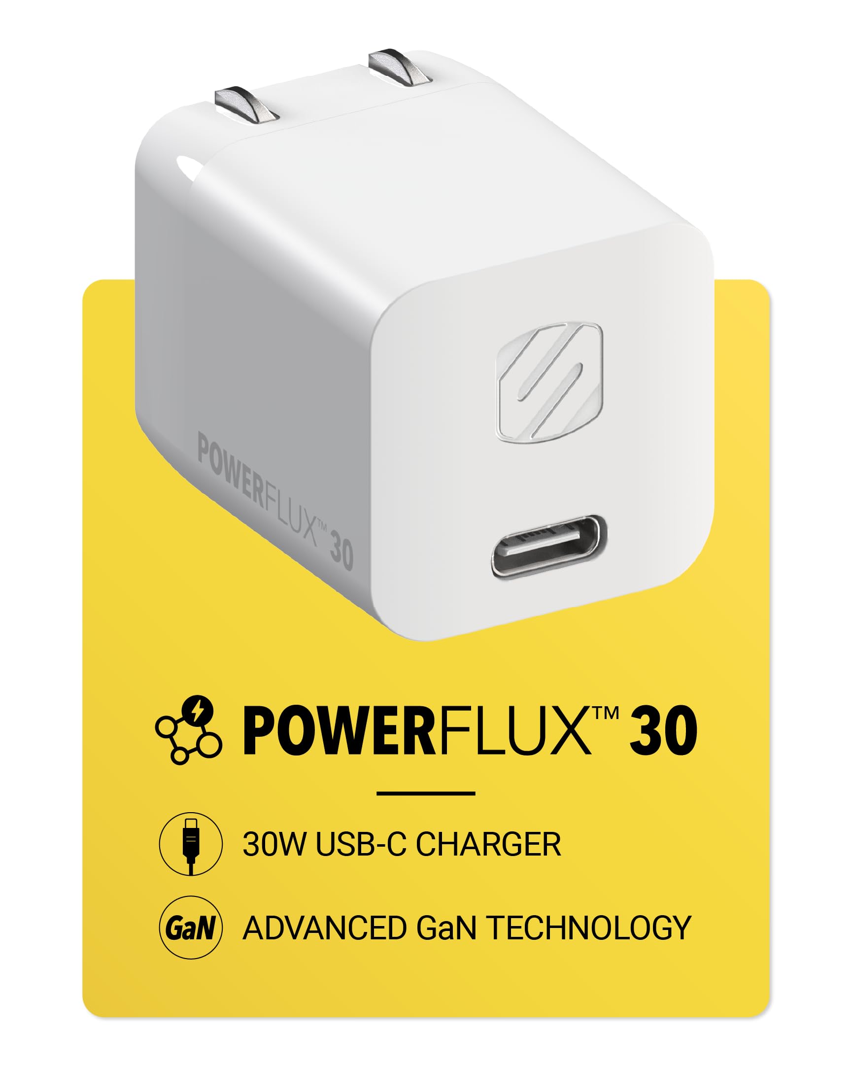 Scosche PowerFlux 30W USB-C Wall Charger Block, Compact Fast Charging GaN Charger with Foldable Plug, Power Delivery PPS Compatible with iPhone 17/16, iPad, MacBook Pro, Samsung Galaxy S25/S24 &amp; More