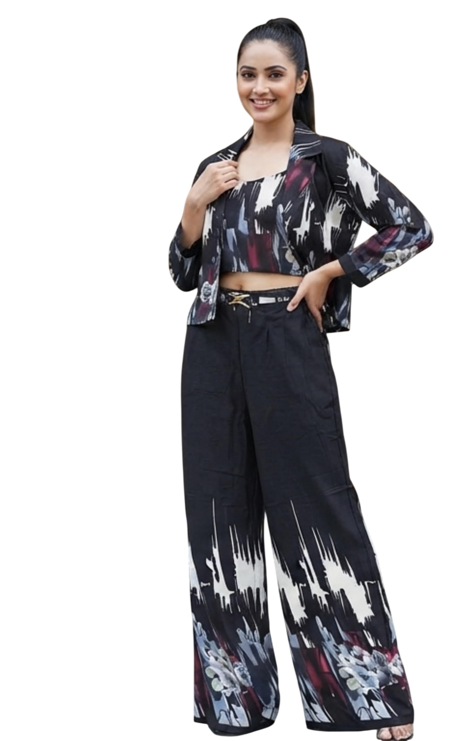 Women's 3-Piece Elegant Power Suit Set - Blazer Jacket, Crop Top & Wide-Leg Trousers Pants Set | Stylish Party Dress | Relaxed Fit | Resort Wear/Vacation/Party | Black-image-1