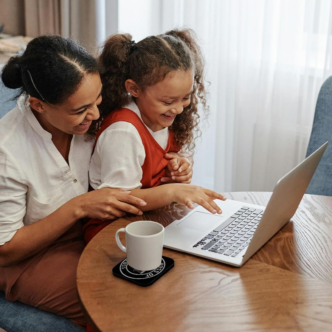 Set of 8 Coasters - Soft - Boss of The Toss in a Circle with disc Golf Basket and disc on Black. Stamp City - Typography - disc Golf