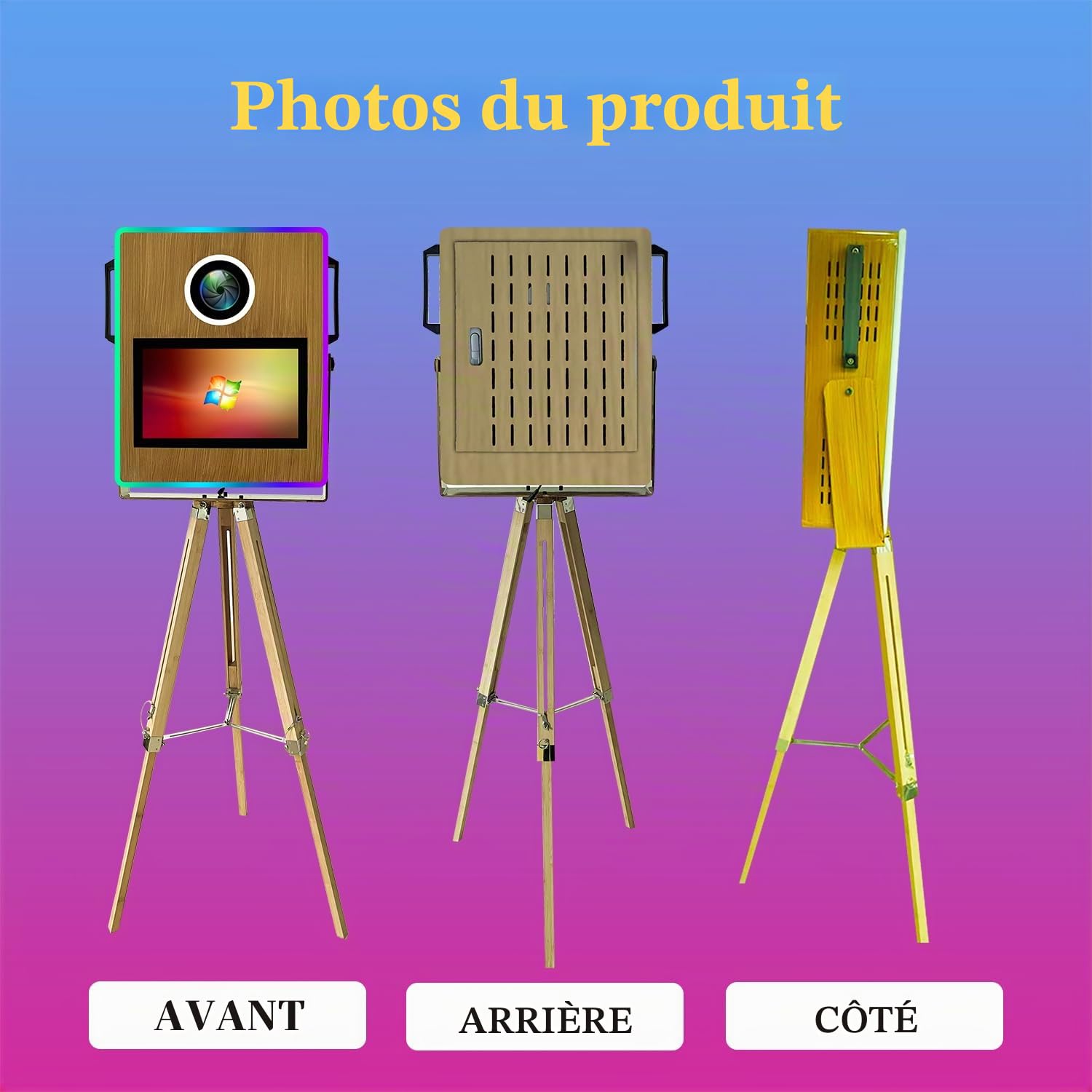Appareil photo portable avec écran tactile de 39,6 cm (15,6 pouces), cabine photo à selfie, appareil photo reflex numérique pour mariages, fêtes, événements, (grain de bois, avec imprimante)