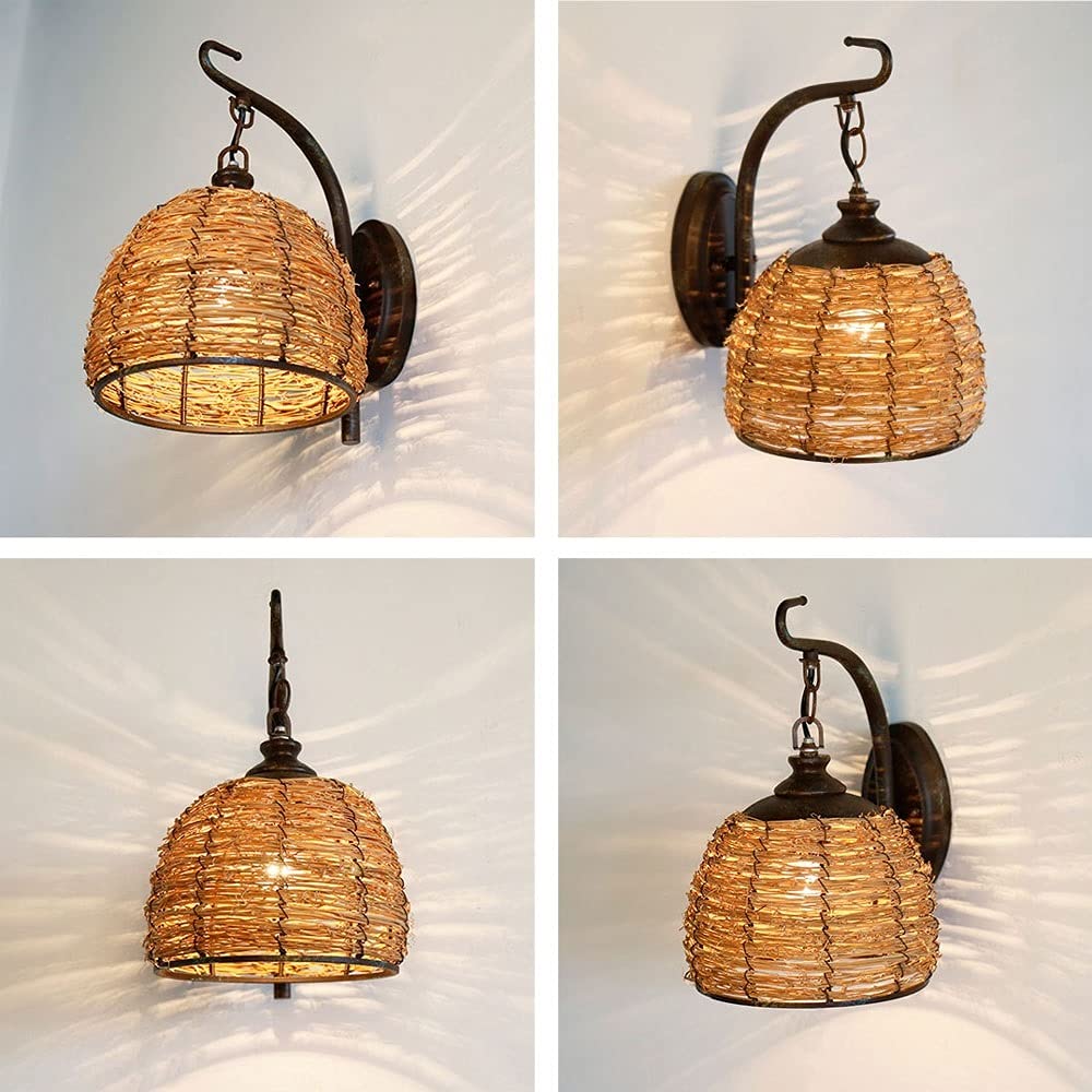 Lampada da parete retrò in stile mediterraneo Nido d'uccello Creativo rattan tessitura Lanterna da parete Sconce Tonalità di vimini Lampada da parete a gabbia E27 per interni per camera Soggiorno