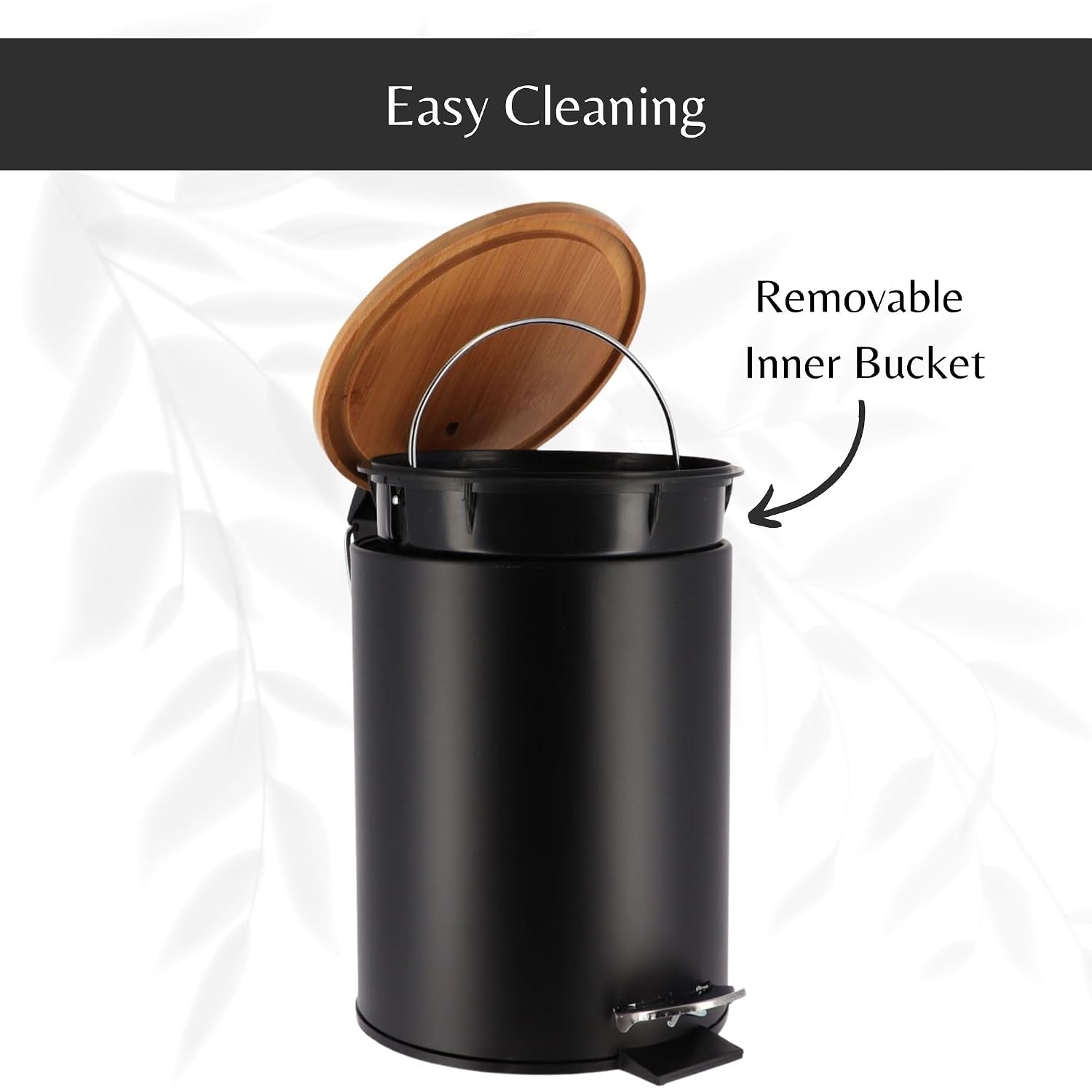EVIDECO French Home Goods Black Trash Can with Bamboo Lid and Pedal, 2.5L Capacity