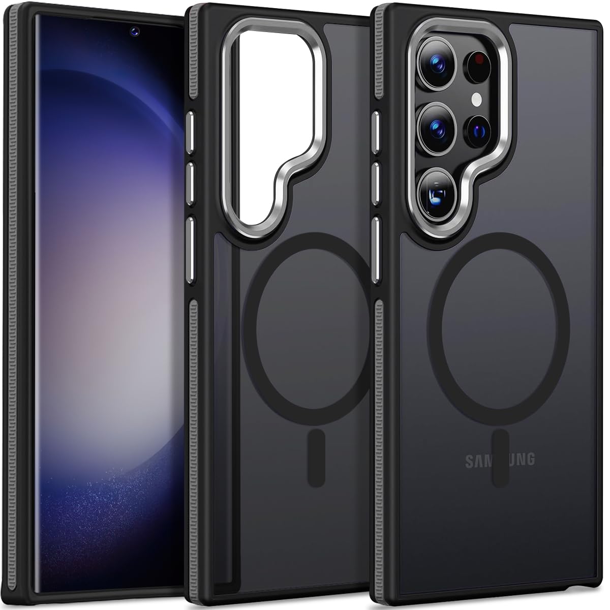 Case for Samsung Galaxy S23 Ultra 5G, Magnetic, Anti-Slip TPU Edge, Shockproof [Fits Magsafe] Matte Translucent Case (Black/Grey)