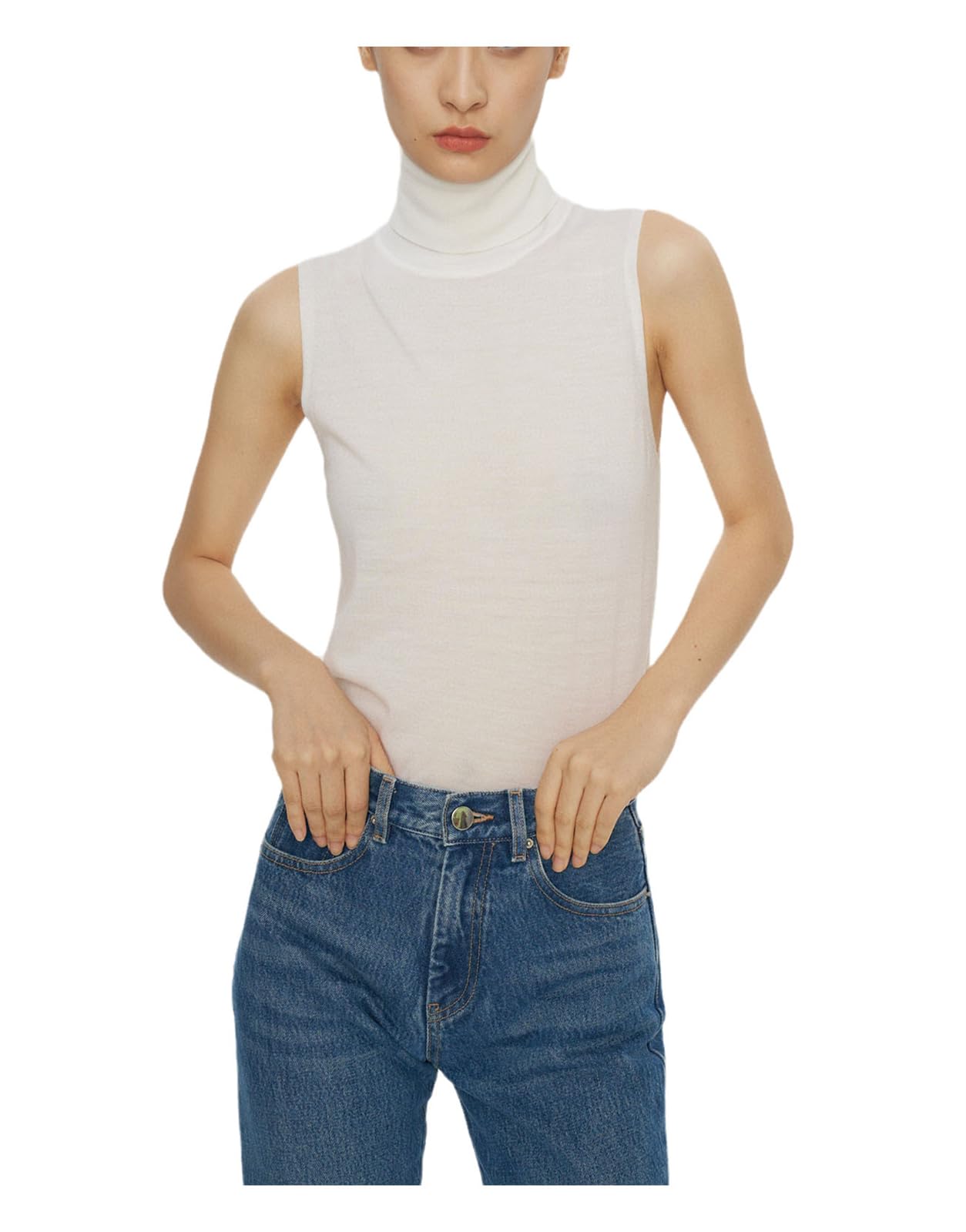 Mnjyihy Women's Merino Wool Sweater Tank Top Women's Turtleneck Solid Color Slim Fit Pullover Tank Top 02 L