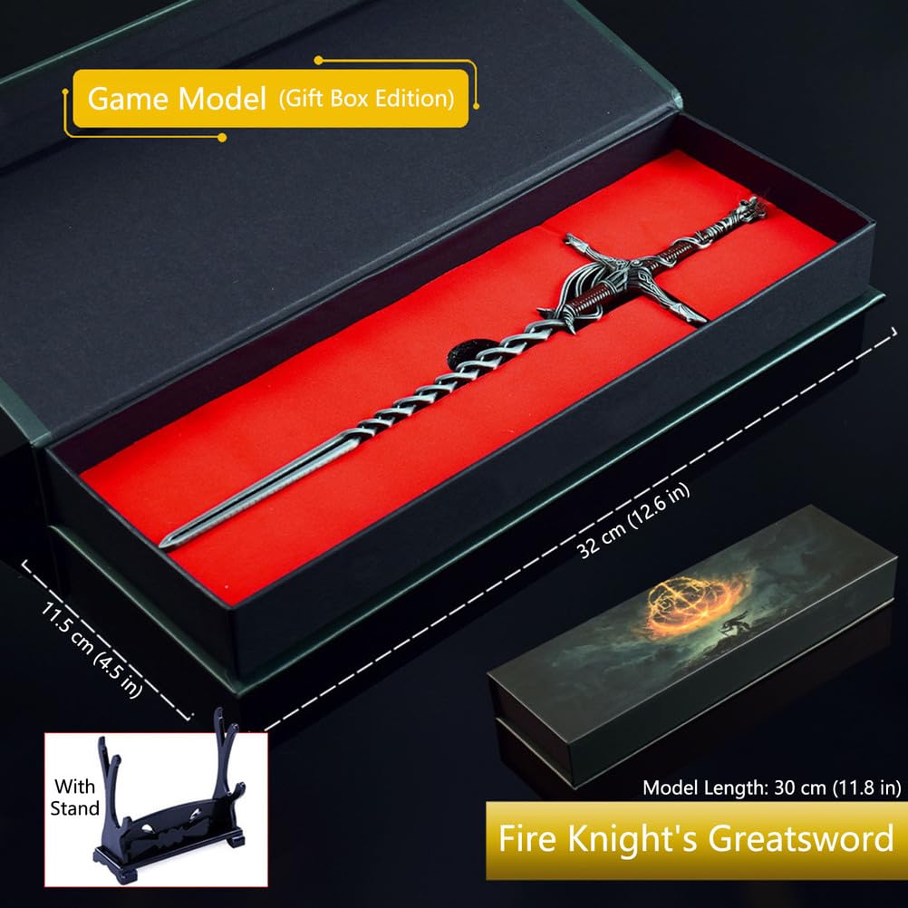 Elden Rings, Fire Knight's Greatsword Metalowa Figurka 30 cm Ze Stojakiem, Kolekcjonerska Figurka Fantasy, Dekoracja Na Biurko, Pomysł Na Prezent Dla Graczy I Kolekcjonerów