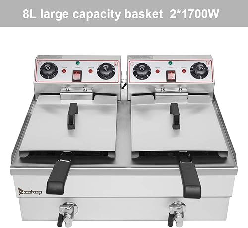 Miniatura 3 de EH102V 24.9QT Freidora comercial de acero inoxidable de doble tanque 3400W con temporizador y grifo, resistente para restaurantes, uso doméstico