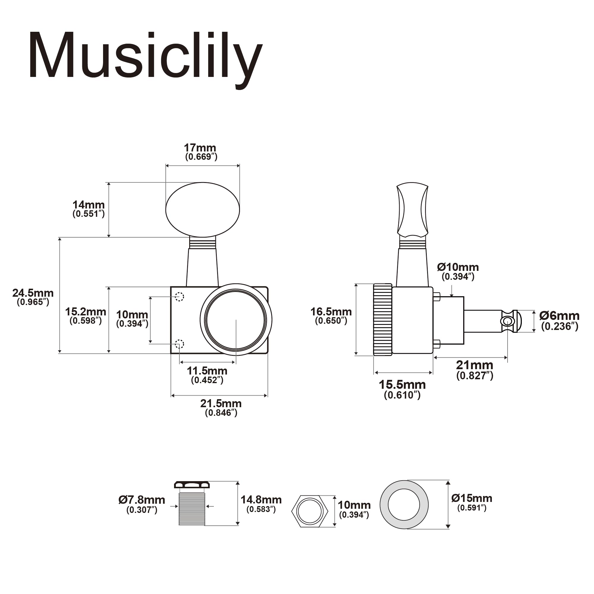 Musiclily Pro R18K 6 w linii 2-pin Klucze Blokowane Przełożenie 1:18 Gitaryowe Tuner Blokujące Kołki do Strojenia z Przyciski Owalny Vintage do Gitary Elektrycznej Fender Strat Tele, Czarny