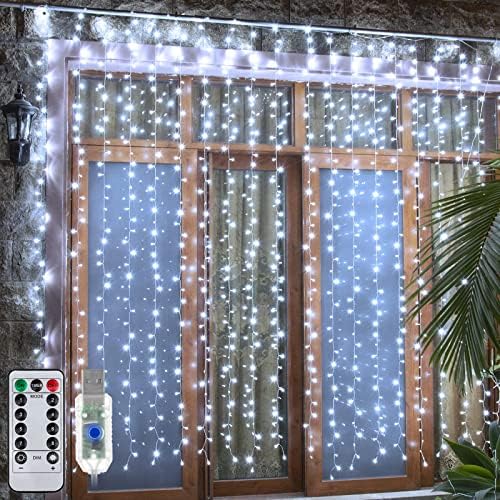 Ollny Curtain Lights for Bedroom - 200LED 6.6x6.6ft Fairy Lights Curtain with 8 Modes Timer Remote, USB Power, Waterproof Hanging String Lights for Backdrop Wedding Party Wall Decorations, Cool White