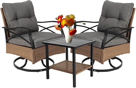 Outdoor Swivel Rocker Chairs Set 3 with 1 Table and 2 Rocking & Swivel Chairs, Brown Wicker Outdoor Furniture Patio Conversation Set
