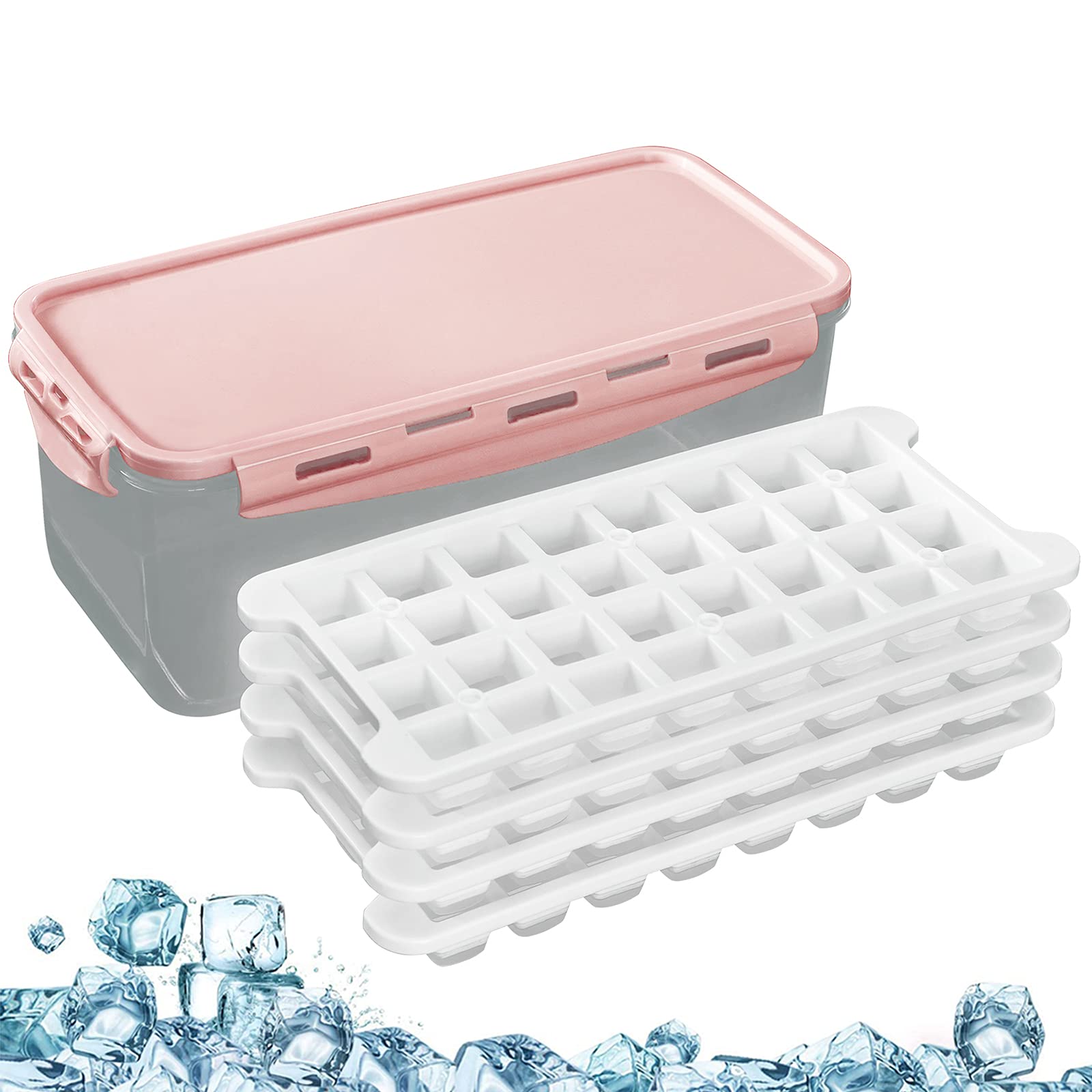 Silicone Ice Cube Trays and Ice Cube Storage Container Bin Set With Airtight Locking Lid, 4 Packs / 128 Trapezoid Ice Cubes (pink)