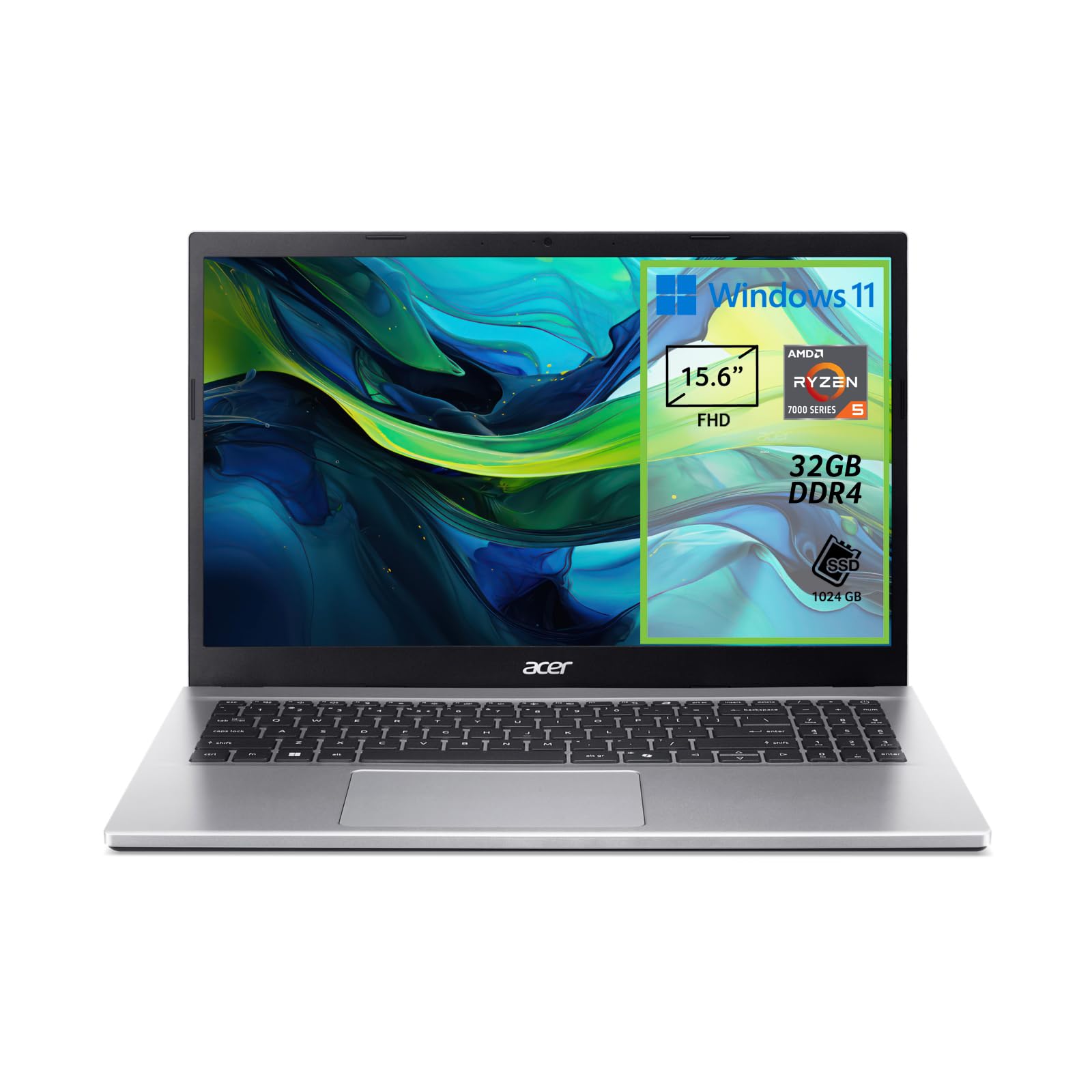 acer Aspire Go 15 AG15-42P-R732, notebook, procesor AMD Ryzen 5 7430U, pamięć RAM 32 GB DDR4, dysk SSD 1024 GB PCIe NVMe, wyświetlacz 15,6" FHD, karta graficzna AMD Radeon, Windows 11 Home, srebrny