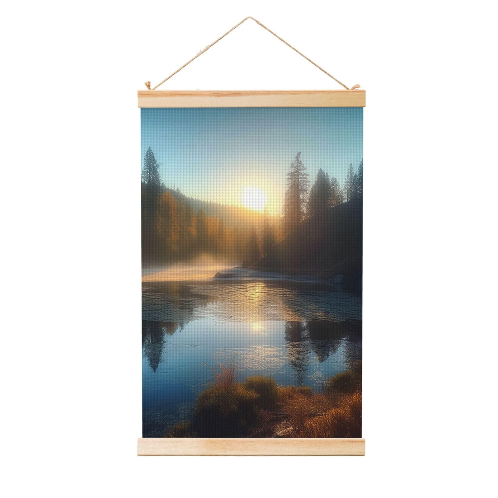 Sunrise over mountain forest lake Poster Wooden Shaft Hanging Poster Wall Hanging Banner Canvas Artwork with Wood Frames 12"x18" Modern Artwork Decor Ready to Hang Wall Art for Home Decor Scroll