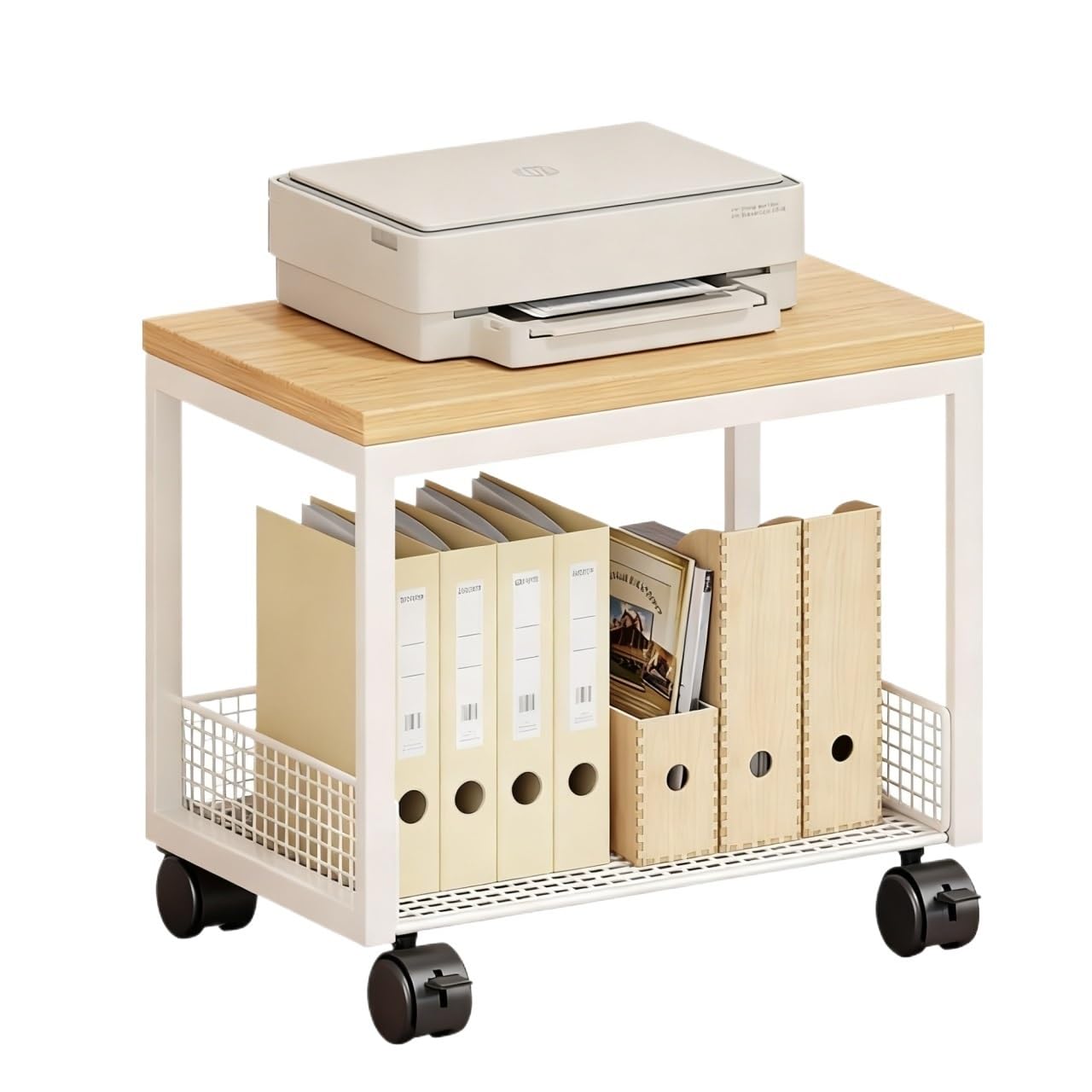 Tavolo per Stampante Supporto for Stampante Portatile da Pavimento, Organizer for File, Archiviazione in Ufficio Supporto per Stampante(White,42x30x42cm)