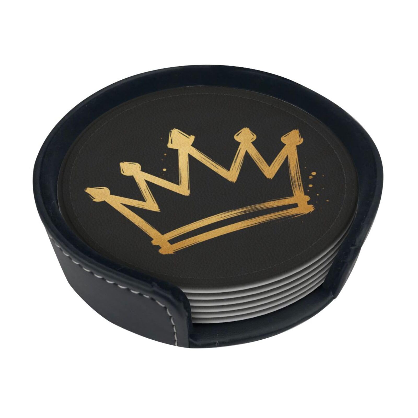Cntdbu White Flat Crown Graffiti Leather Coasters Set Of 6-Pu Leather Drink Mats For Table, Heat Resistant Round Coasters With Holder