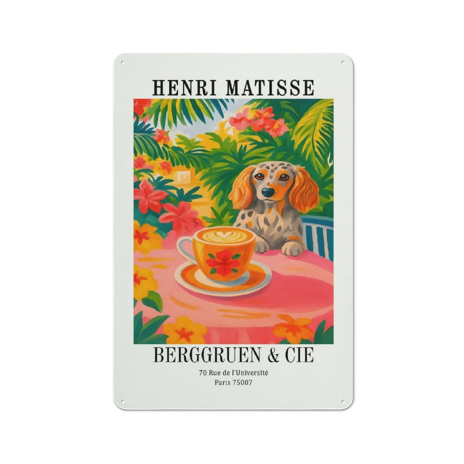 Cottage Style Henri Matisse Dog And Coffee Decorative Tin Sign 30x20cm, Rustic Kitchen Decor for Kitchen, Cottage, Porch Or Garden Room