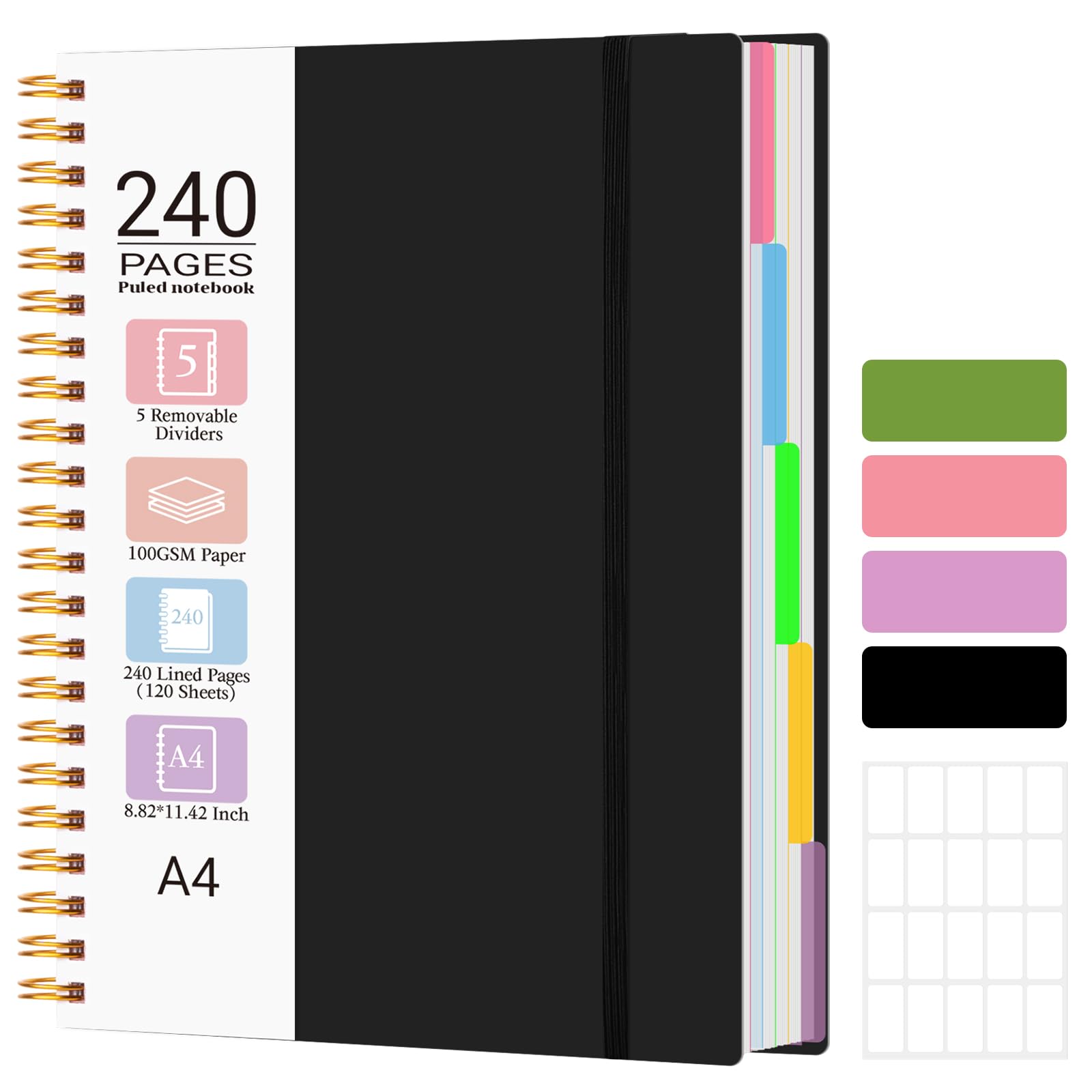 MOFELON A4 Notebook, Notepad, A4 Notebook with Dividers, 240 Pages 100GSM Thick Wirebound Spiral Notebooks for Writing, PVC Hardcover Note Book for Work Office School, 29 x 22.4cm,Black
