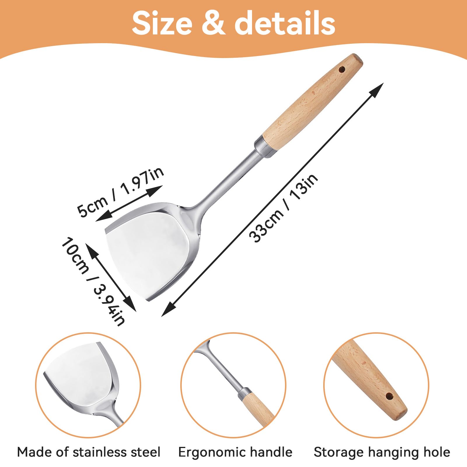 Spatola Per Wok In Acciaio Inox Con Manico Di Legno - Pala Da Cucina Professionale 33 Cm