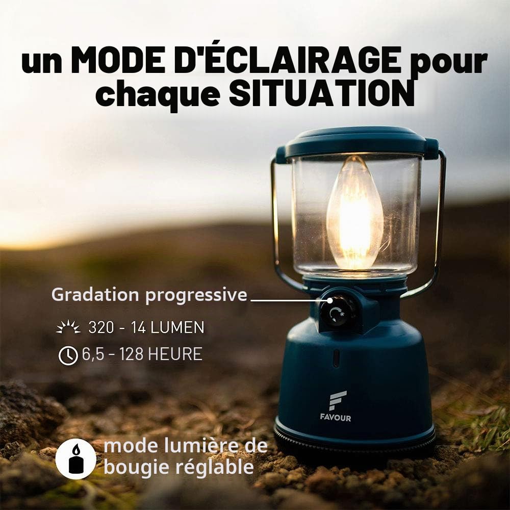 Favour Lampe LED Camping Rechargeable USB (inclus batterie), Style Retro | Lanterne exterieur 320 Lumens, Réglable en continu, Mode Éclairage Bougie, IP64 Étanche | Lampe de tente, crochet intégré