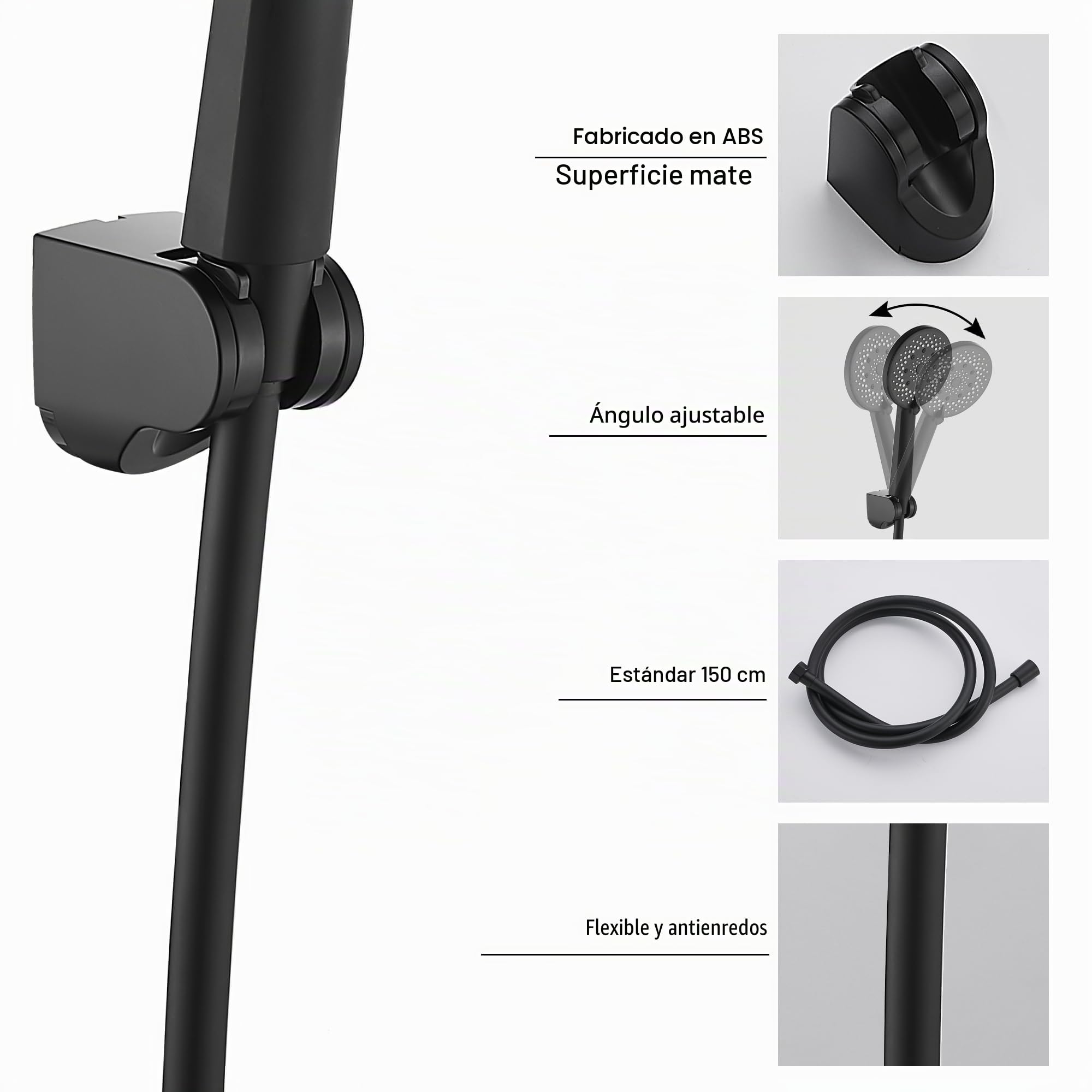Grifo Bañera y Ducha Monomando con Alcachofa, Manguera y Soporte - Grifo de Bañera con Caño, 150cm Cable Ducha PVC, Cabezal Ducha con 5 Funciones - Negro Mate