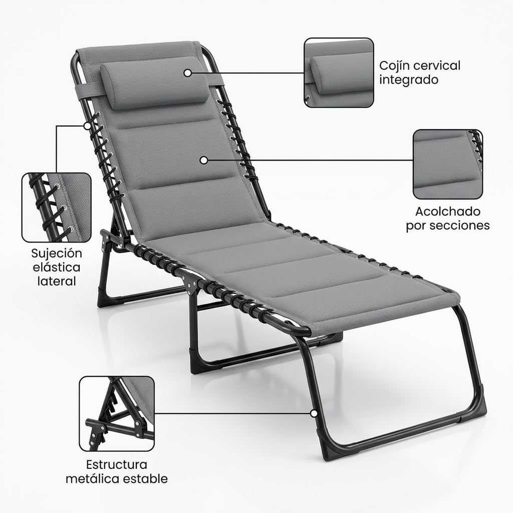 Pincho Tumbonas Jardin Exterior Hamaca Jardin, Chaise Longue Exterior, Tumbona Plegable Acolchada con Cojin Cervical, Hamaca Reclinable - 3 Posiciones, Estructura Metalica