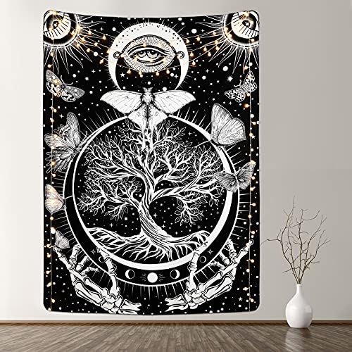 Butterfly Tapestry Tree of Life Tapestry Tapestry Sun and Moon Tapestry Celestial Star Tapestry Black and White Skeleton Tapestry for Room(51.2 x 59.1 inches)