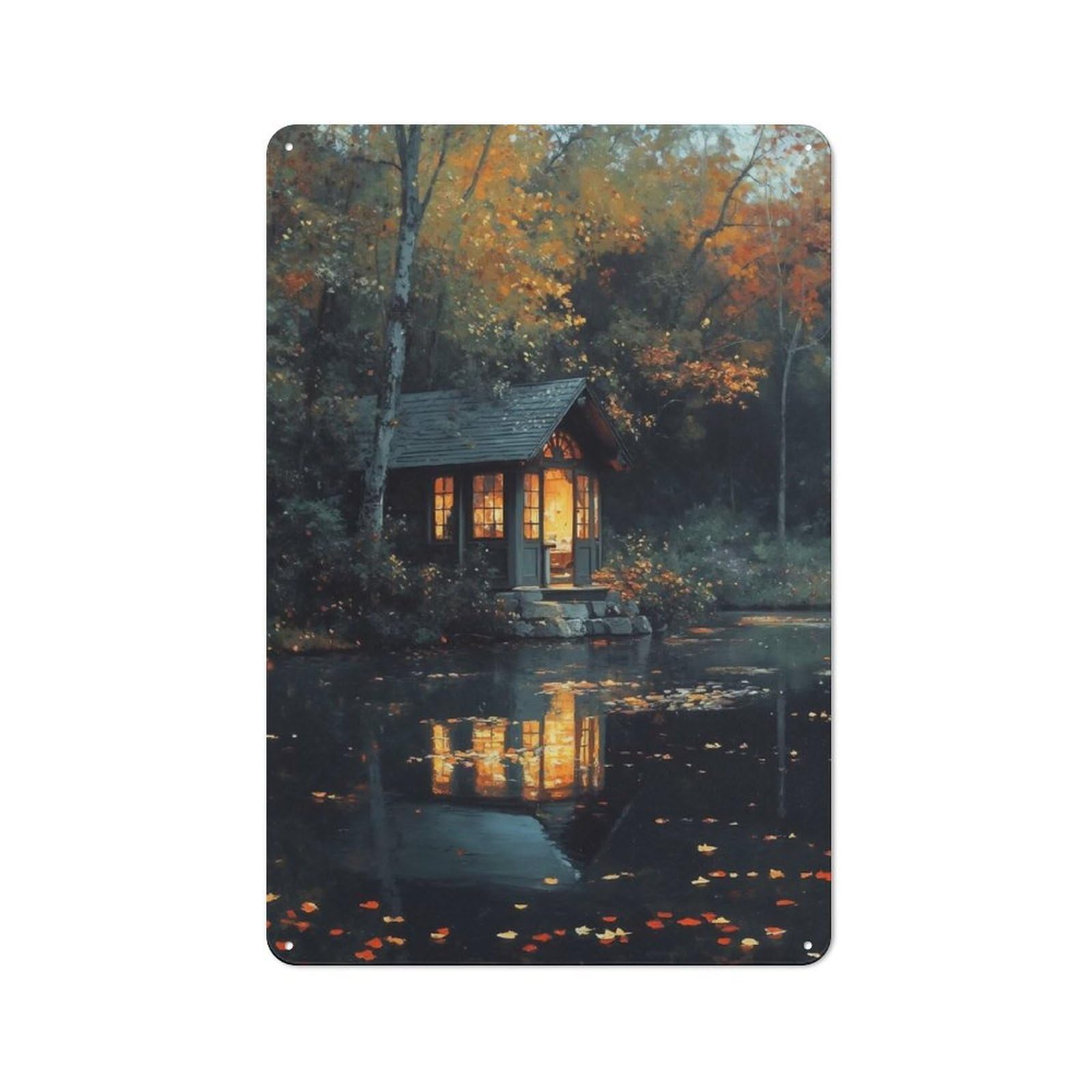 Junmoney Style-13 Rustic Tin Sign 30X20cm Featuring Autumn Cabin By The Lake For Garage Or Workshop, For Garage, Workshop And Man Cave Decoration