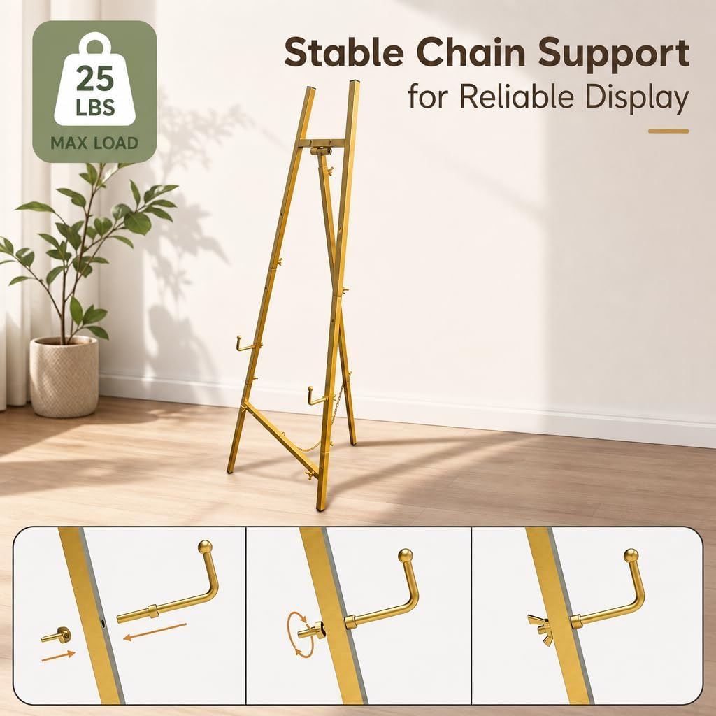 Gold Metal Floor Easel Stand, Wedding Sign & Canvas Adjustable Display Easel