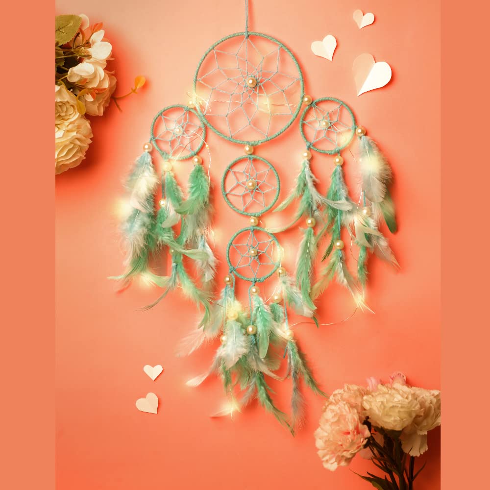 Rooh Dream Catcher ~ Pastel Green & Blue 4 Tier with LED Lights ~ Handmade Hangings for Positivity (Can be Used as Home Décor Accents, Wall Hangings,Meditation Room, Yoga Temple, Feather Windchime)-image-31