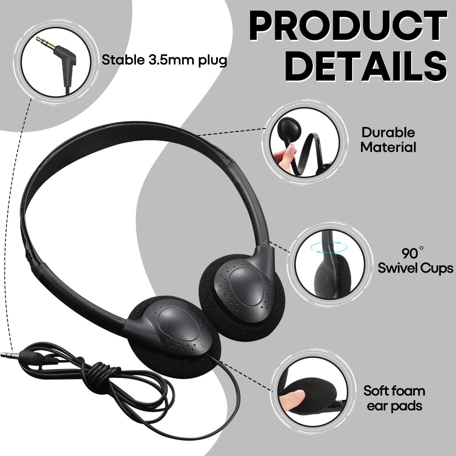 Paquete de 20 auriculares de aula para niños, estudiantes escolares, auriculares duraderos con cable, juego de clase para niños, adolescentes, niños y adultos (GS857, negro)