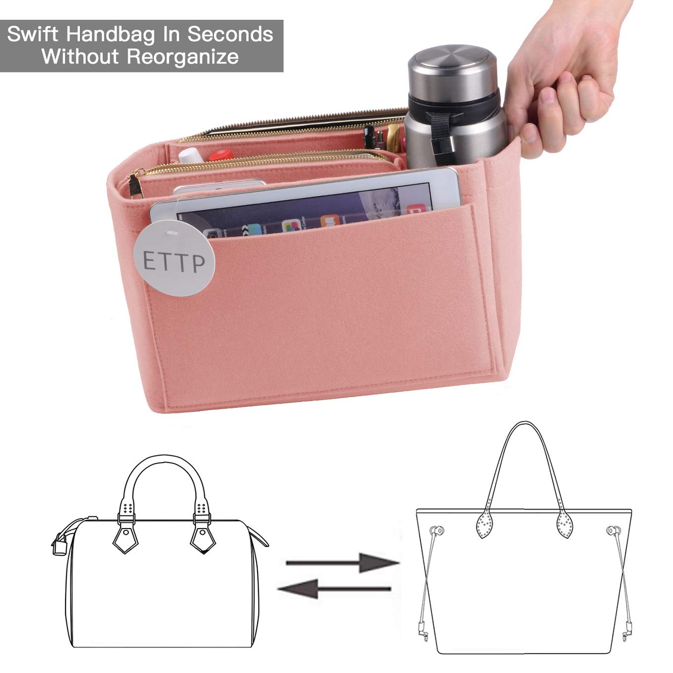 Neverfull, filcowy organizer na torebkę, 6 kolorów, 3 rozmiary (rozmiar M, szczotkowany róż)
